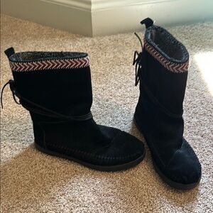 Tom’s Black Women's Suede Boots with Patterned Trim and decorative lace tie
